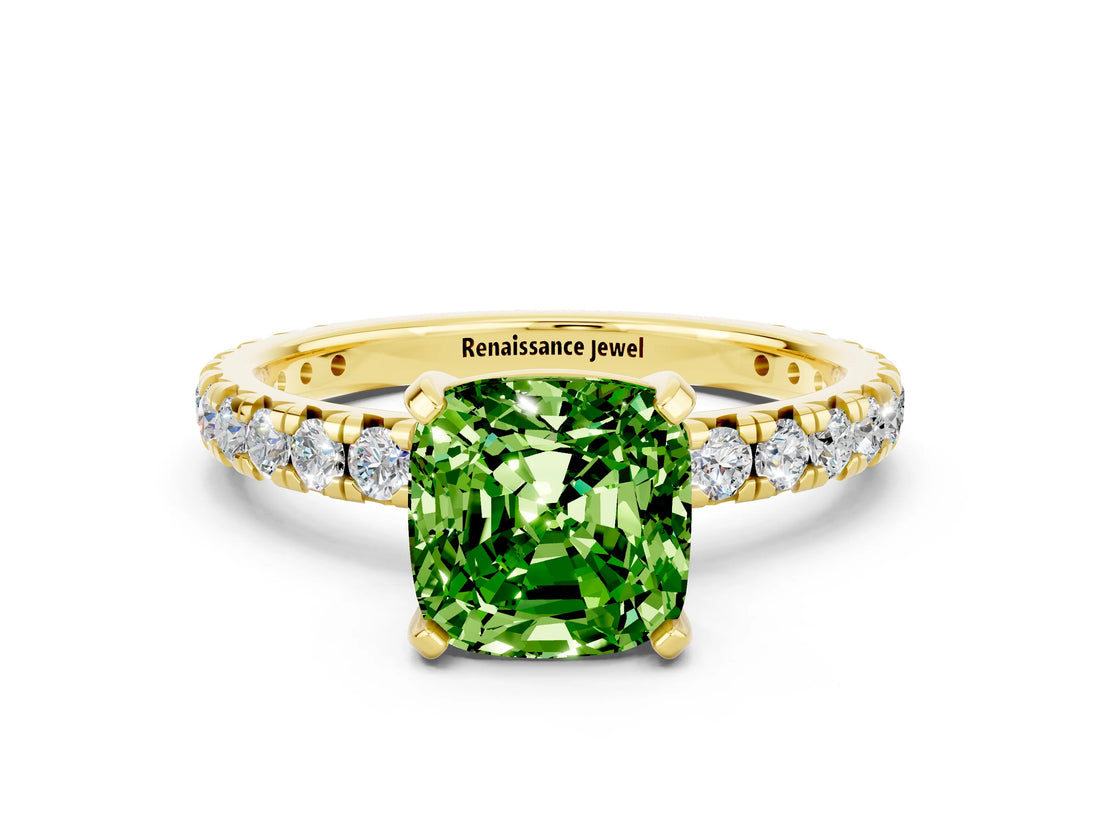 Yellow gold Cushion Cut Peridot Pavé Solitaire Ring with Round Band and Prong Setting_24
