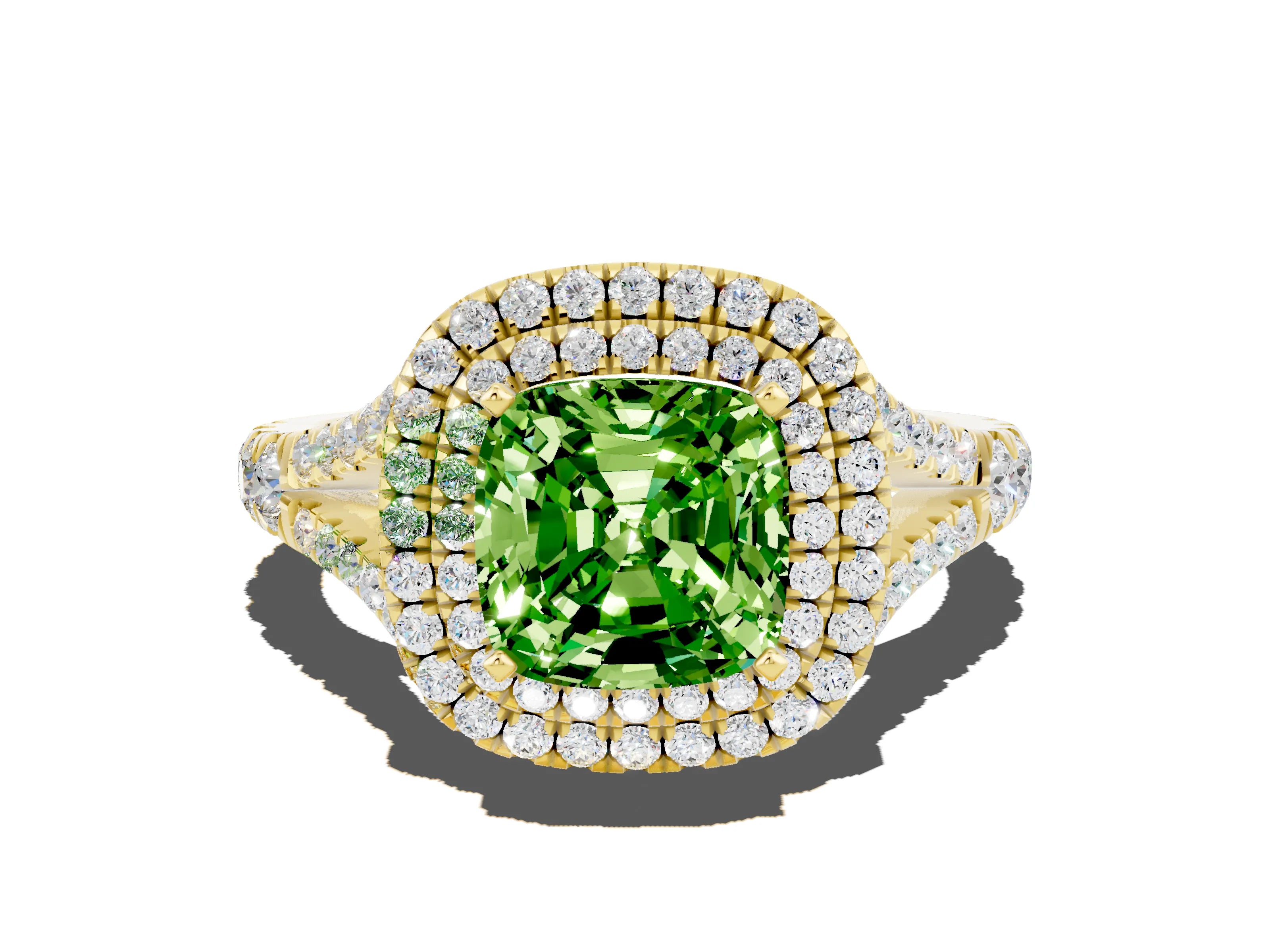 Yellow gold Cushion Cut Peridot Pavé Split Shank Double Halo Engagement Ring