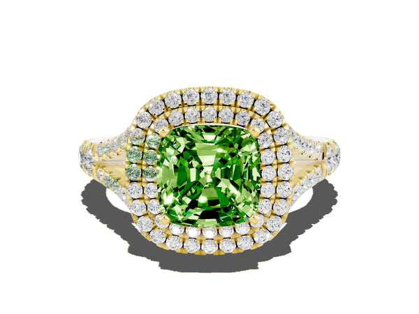 Yellow gold Cushion Cut Peridot Pavé Split Shank Double Halo Engagement Ring