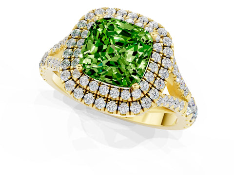 Yellow gold Cushion Cut Peridot Pavé Split Shank Double Halo Engagement Ring_1