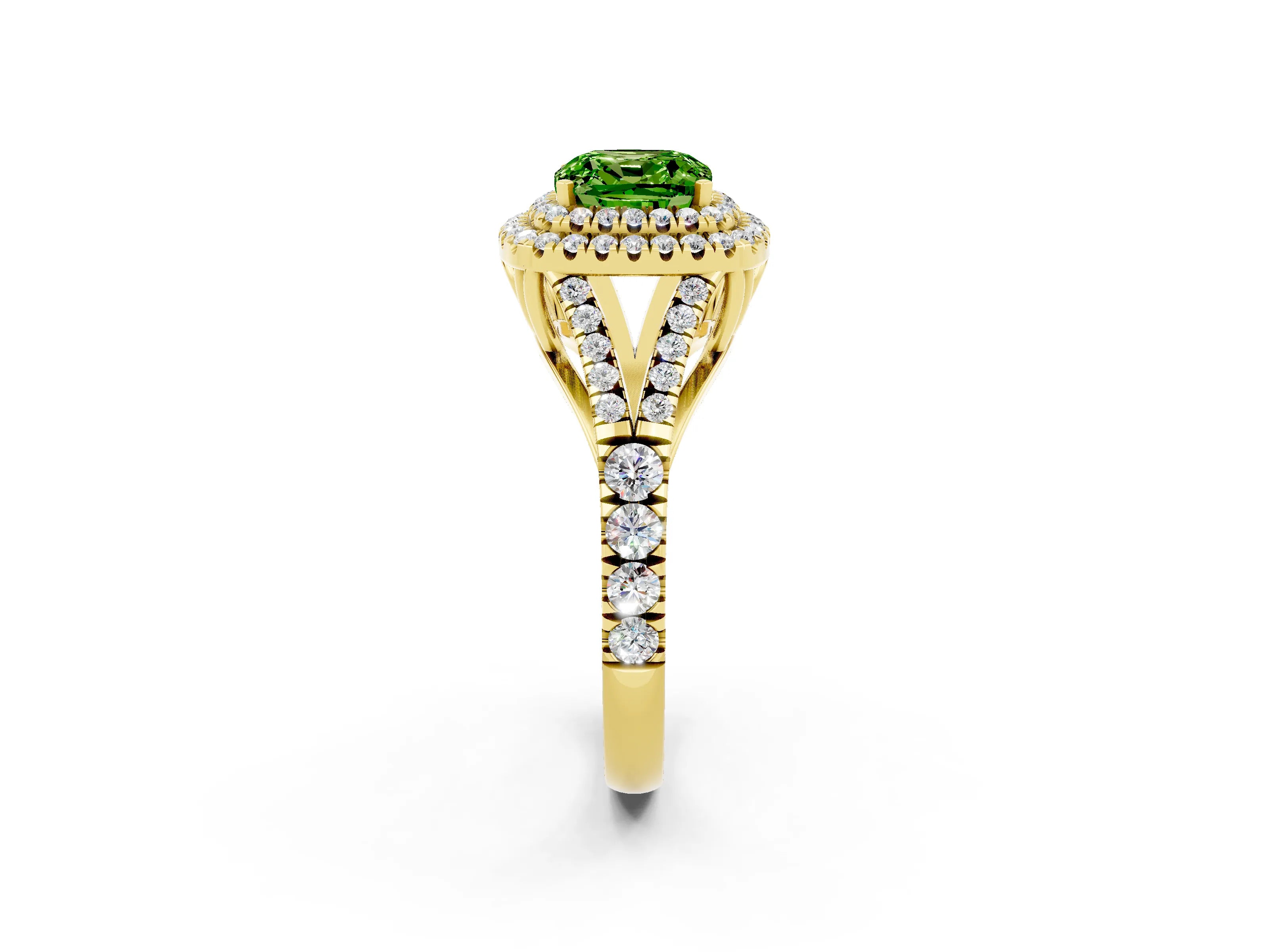 Yellow gold Cushion Cut Peridot Pavé Split Shank Double Halo Engagement Ring_2