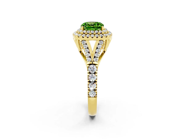Yellow gold Cushion Cut Peridot Pavé Split Shank Double Halo Engagement Ring