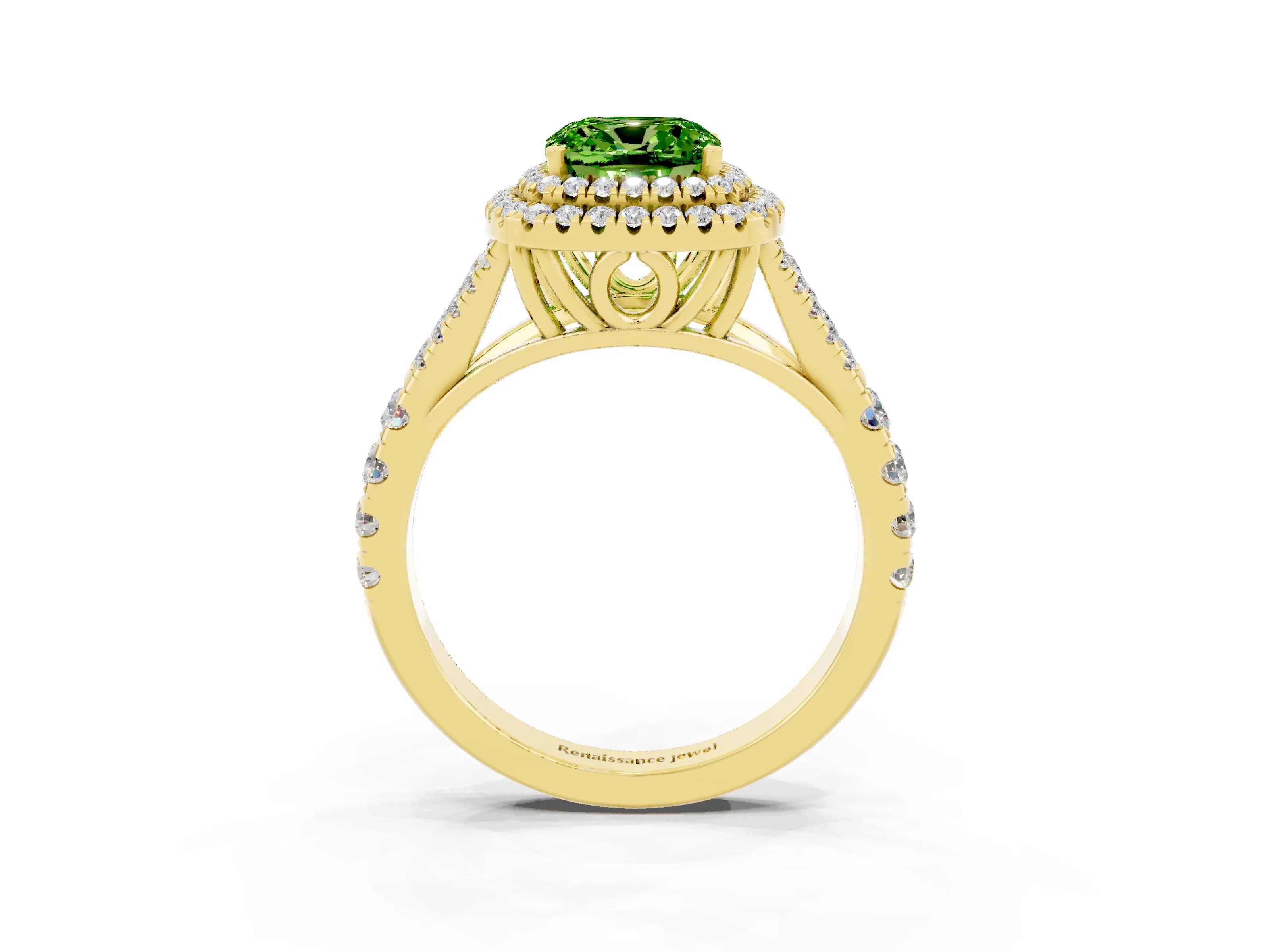 Yellow gold Cushion Cut Peridot Pavé Split Shank Double Halo Engagement Ring_3