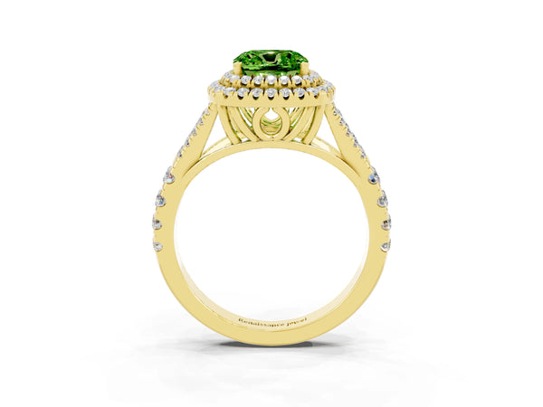 Yellow gold Cushion Cut Peridot Pavé Split Shank Double Halo Engagement Ring