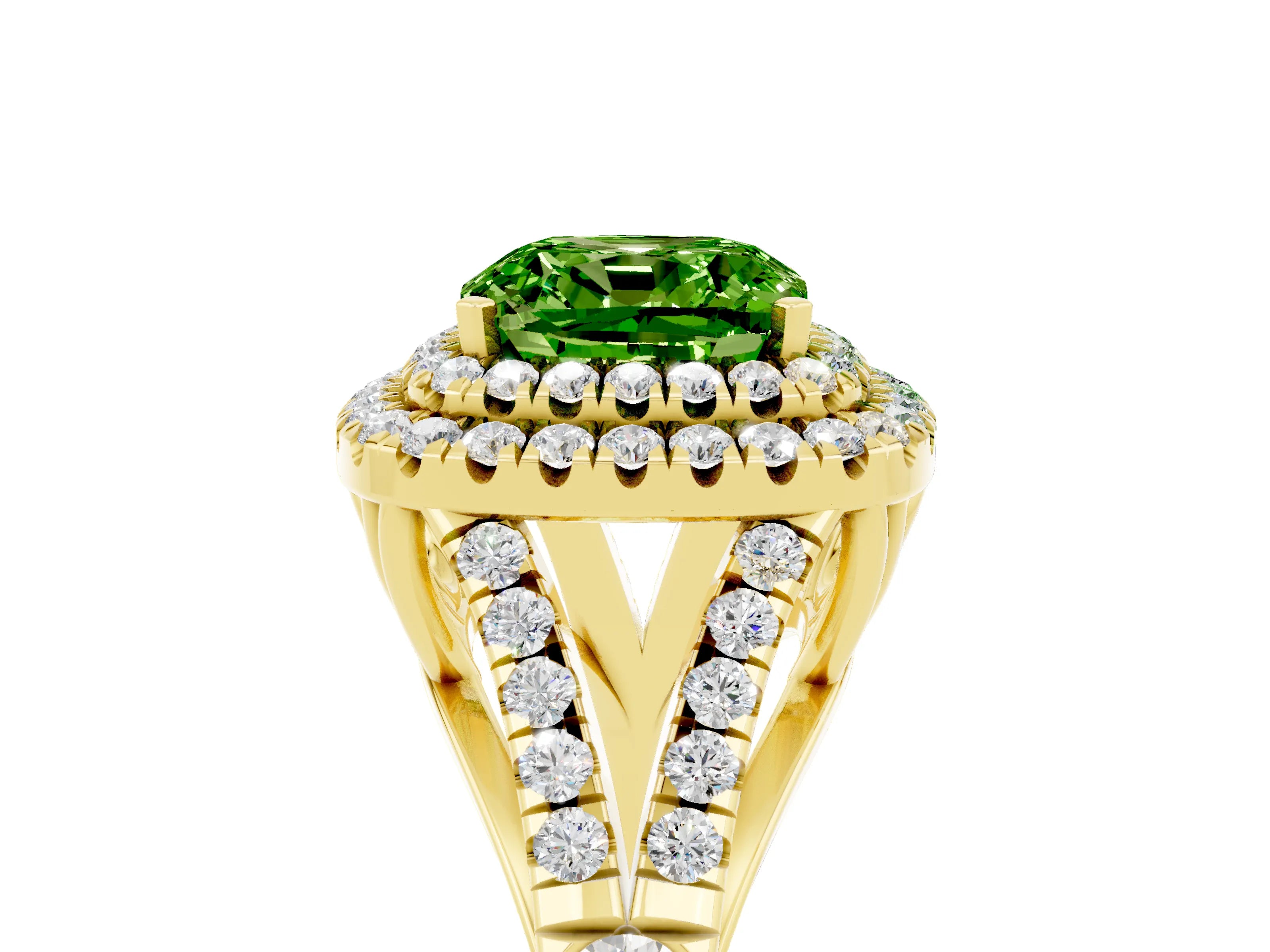 Yellow gold Cushion Cut Peridot Pavé Split Shank Double Halo Engagement Ring_5
