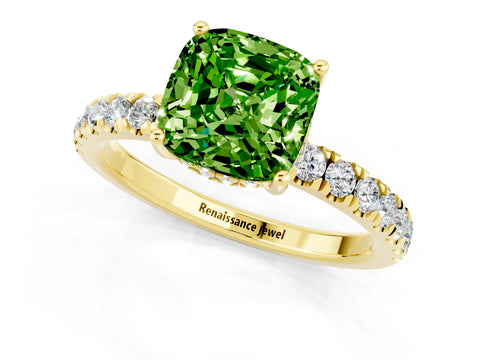 Yellow gold Cushion Cut Peridot Pave Band Solitaire Ring with Four-Prong Setting_25