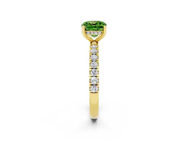 Yellow gold Cushion Cut Peridot Pave Band Solitaire Ring with Round  and Prong Setting