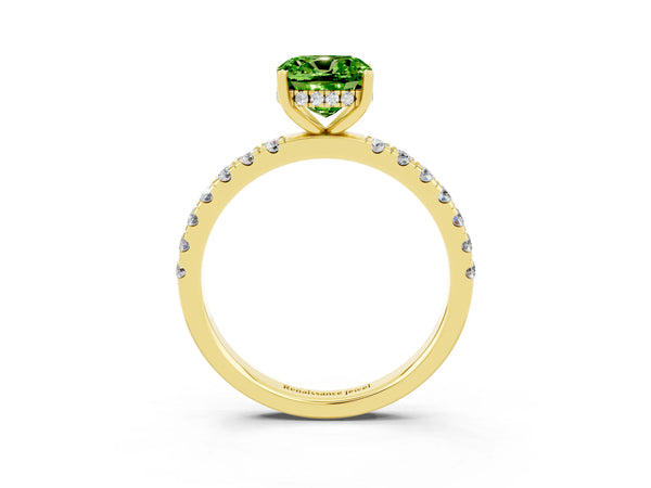 Yellow gold Cushion Cut Peridot Pave Band Solitaire Ring with Round  and Prong Setting