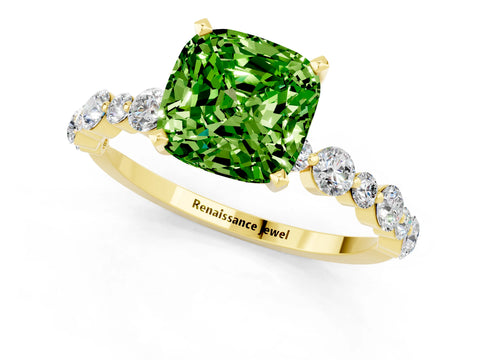 Yellow gold Cushion Cut Peridot Prong Set Engagement Ring with Pavé Band_1