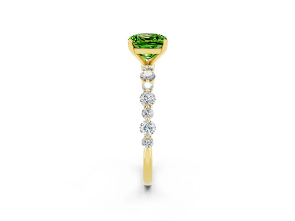 Yellow gold Cushion Cut Peridot Prong Set Engagement Ring with Pavé Band