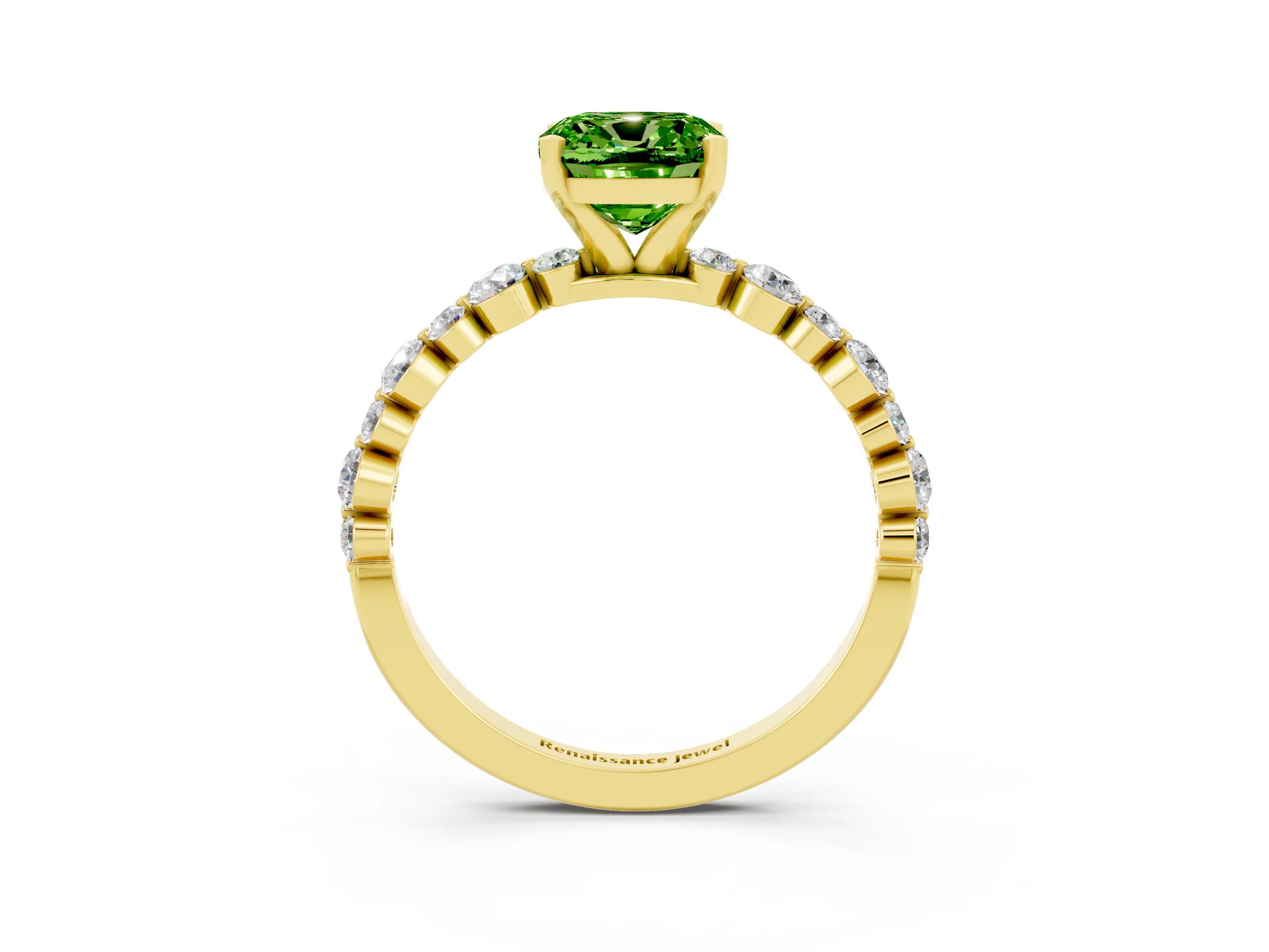 Yellow gold Cushion Cut Peridot Prong Set Engagement Ring with Pavé Band_3