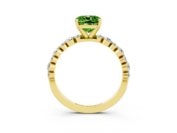 Yellow gold Cushion Cut Peridot Prong Set Engagement Ring with Pavé Band