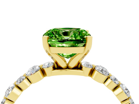 Yellow gold Cushion Cut Peridot Prong Set Engagement Ring with Pavé Band_4