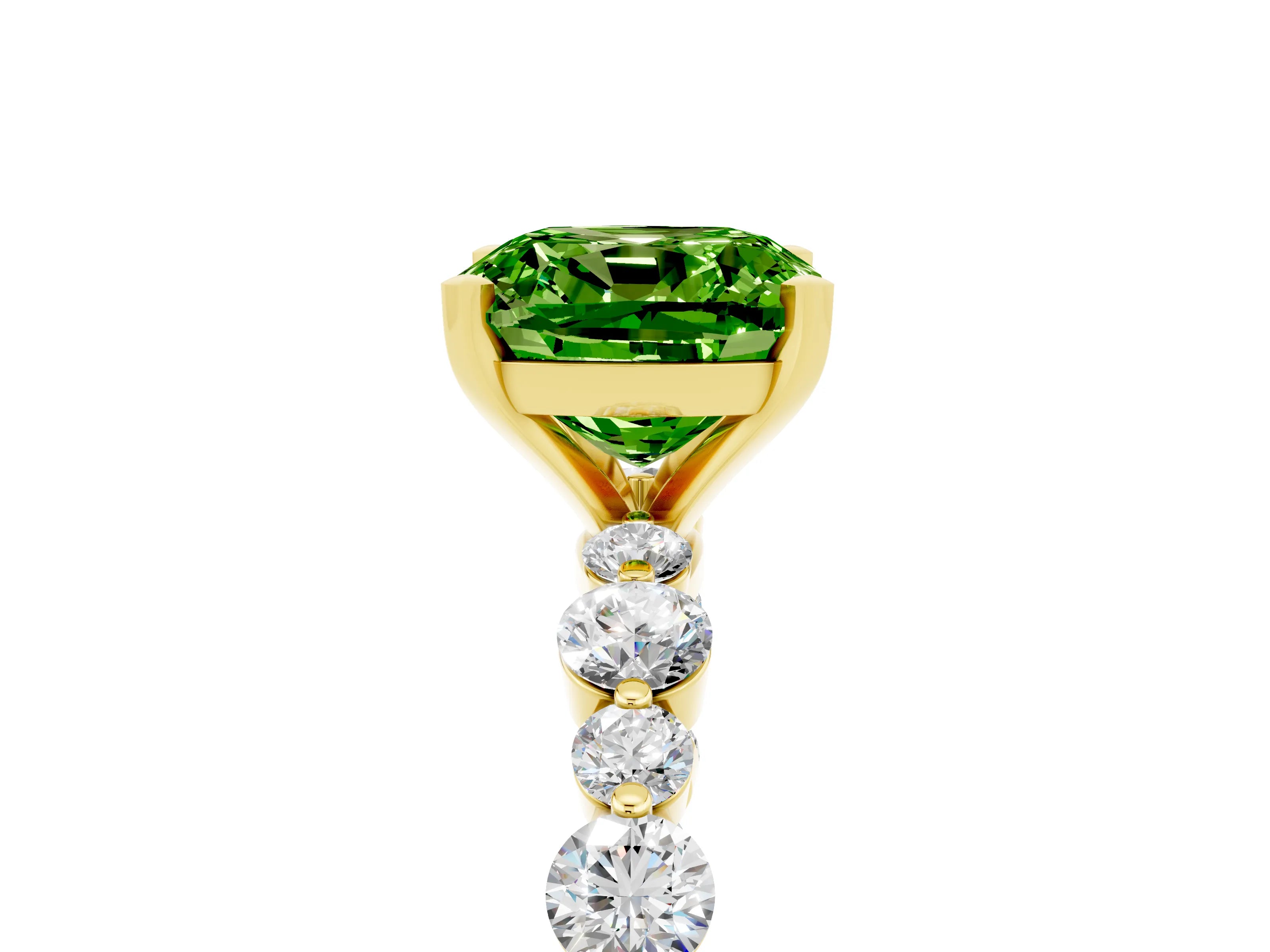 Yellow gold Cushion Cut Peridot Prong Set Engagement Ring with Pavé Band_5