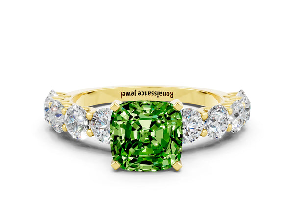 Yellow gold Cushion Cut Peridot Prong Setting with Side Stones on a Pave Band