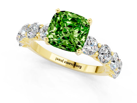 Yellow gold Cushion Cut Peridot Prong Setting with Side Stones on a Pave Band_1