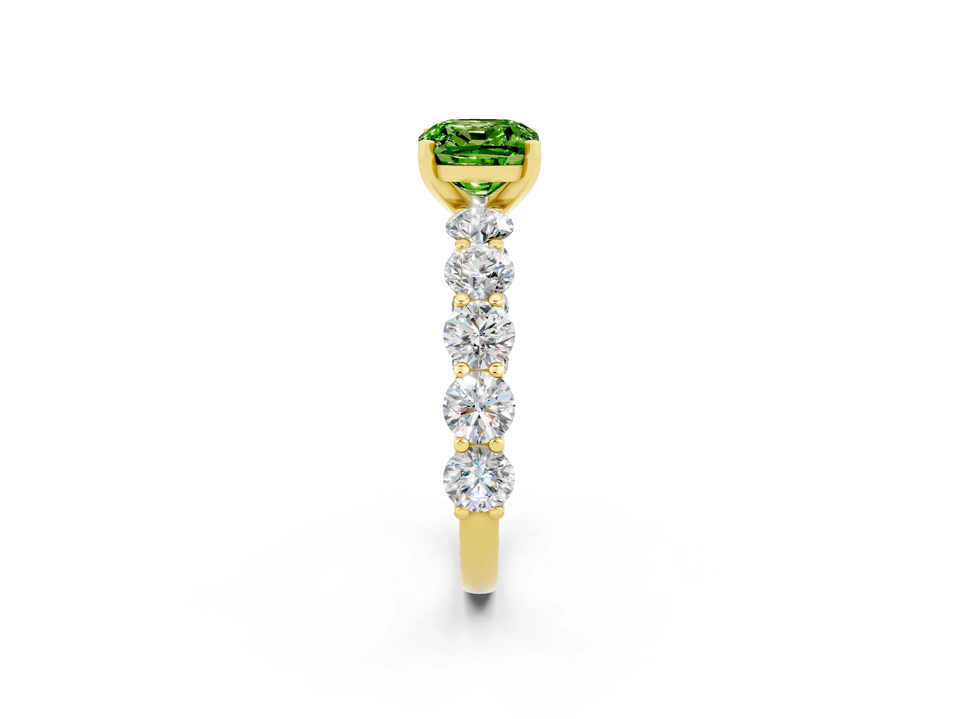 Yellow gold Cushion Cut Peridot Prong Setting with Side Stones on a Pave Band_2