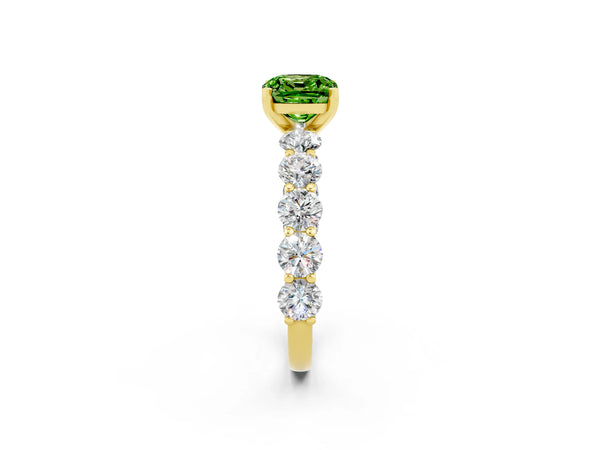Yellow gold Cushion Cut Peridot Prong Setting with Side Stones on a Pave Band
