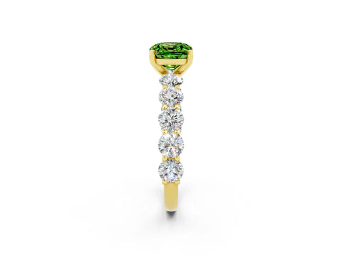 Yellow gold Cushion Cut Peridot Prong Setting with Side Stones on a Pave Band_2