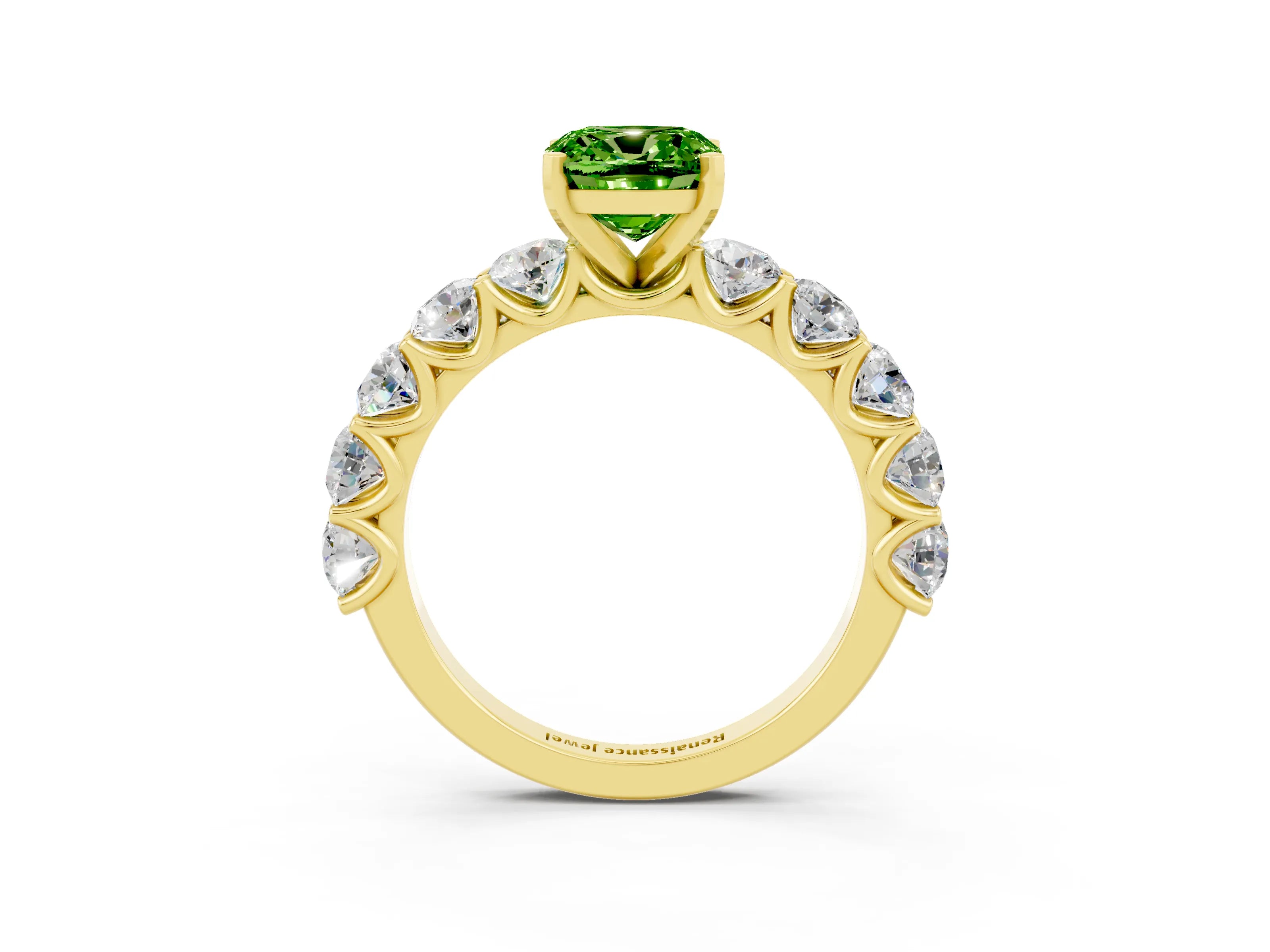 Yellow gold Cushion Cut Peridot Prong Setting with Side Stones on a Pave Band_3