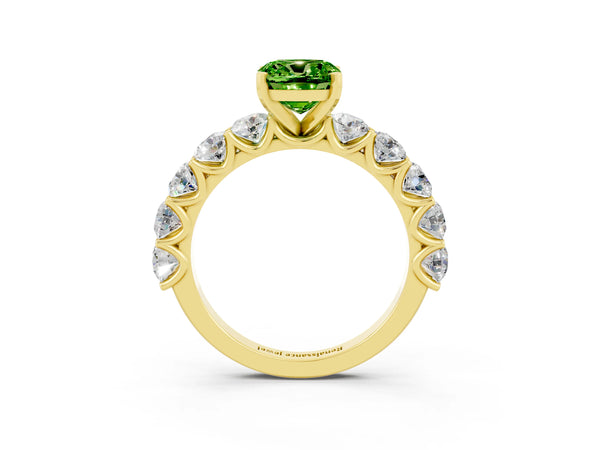 Yellow gold Cushion Cut Peridot Prong Setting with Side Stones on a Pave Band