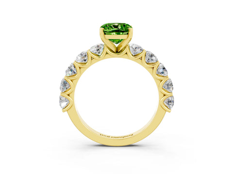 Yellow gold Cushion Cut Peridot Prong Setting with Side Stones on a Pave Band_3