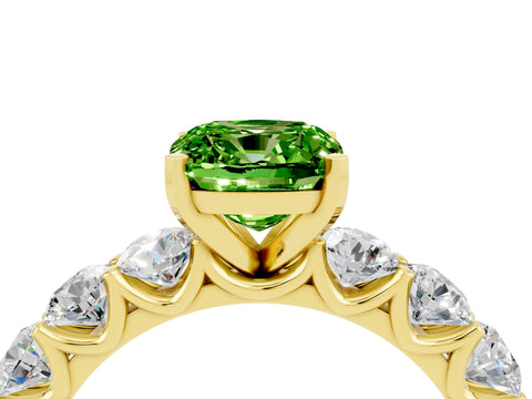 Yellow gold Cushion Cut Peridot Prong Setting with Side Stones on a Pave Band_4