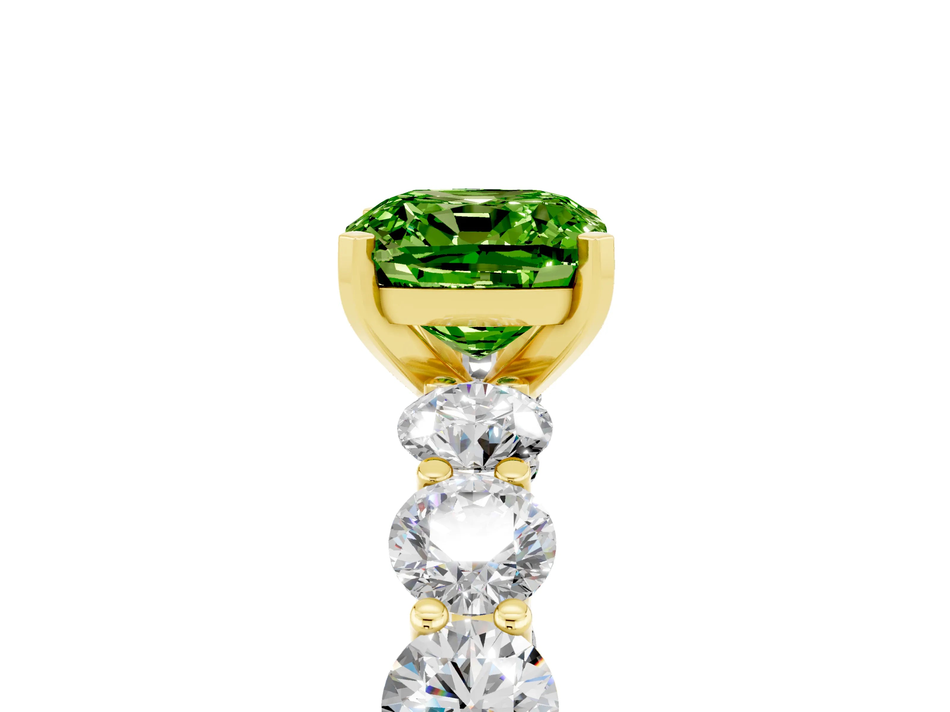 Yellow gold Cushion Cut Peridot Prong Setting with Side Stones on a Pave Band_5