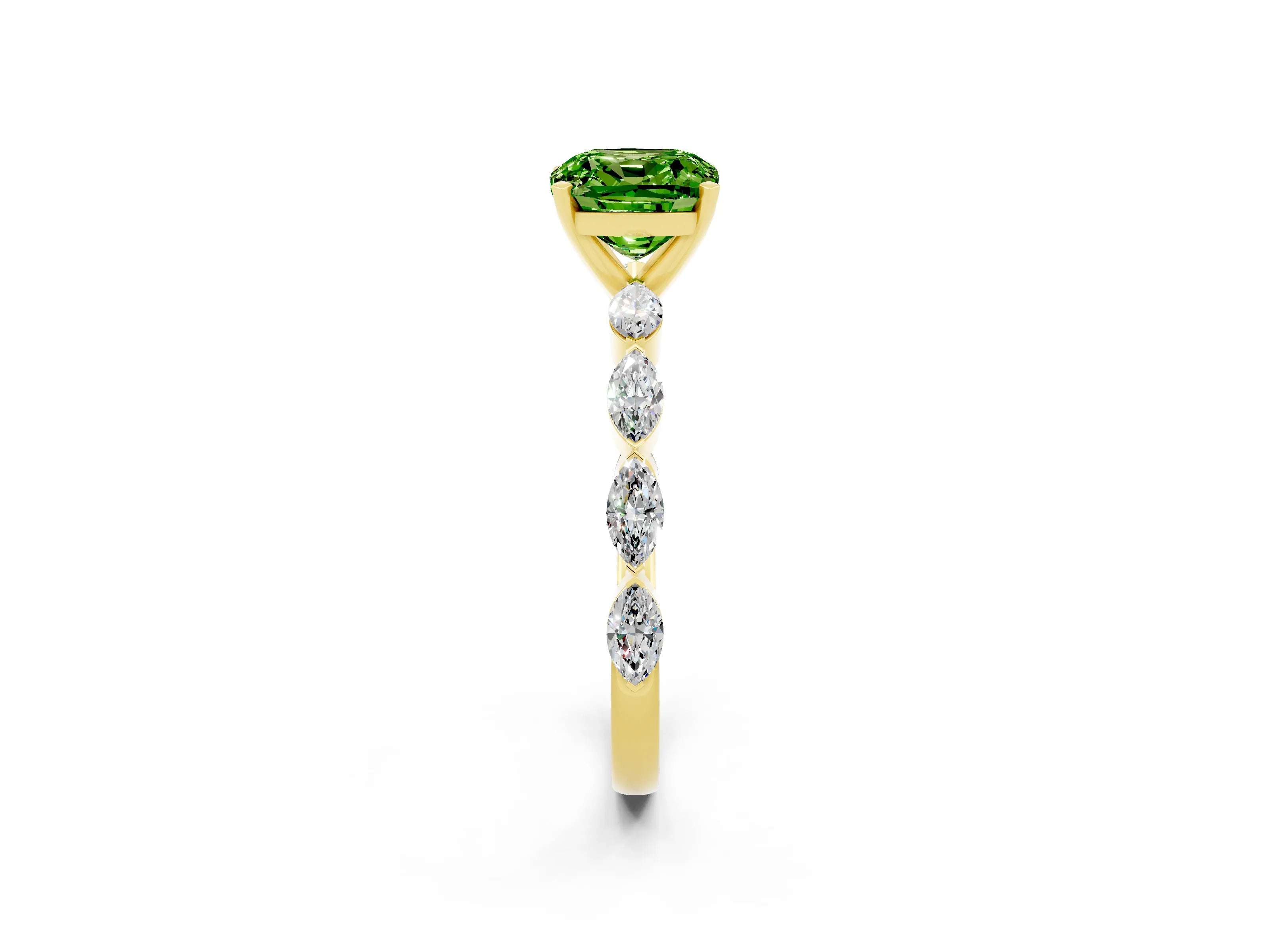 Yellow gold Cushion Cut Peridot Ring with Marquise Side Stones and Prong Setting_2