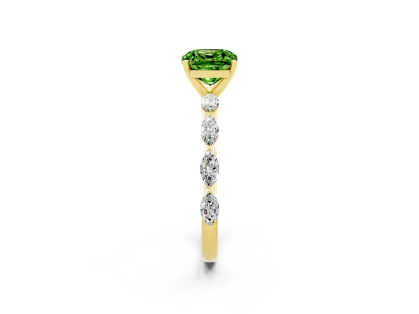 Yellow gold Cushion Cut Peridot Ring with Marquise Side Stones and Prong Setting