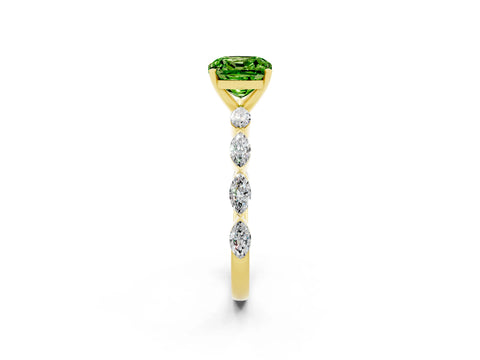Yellow gold Cushion Cut Peridot Ring with Marquise Side Stones and Prong Setting_2