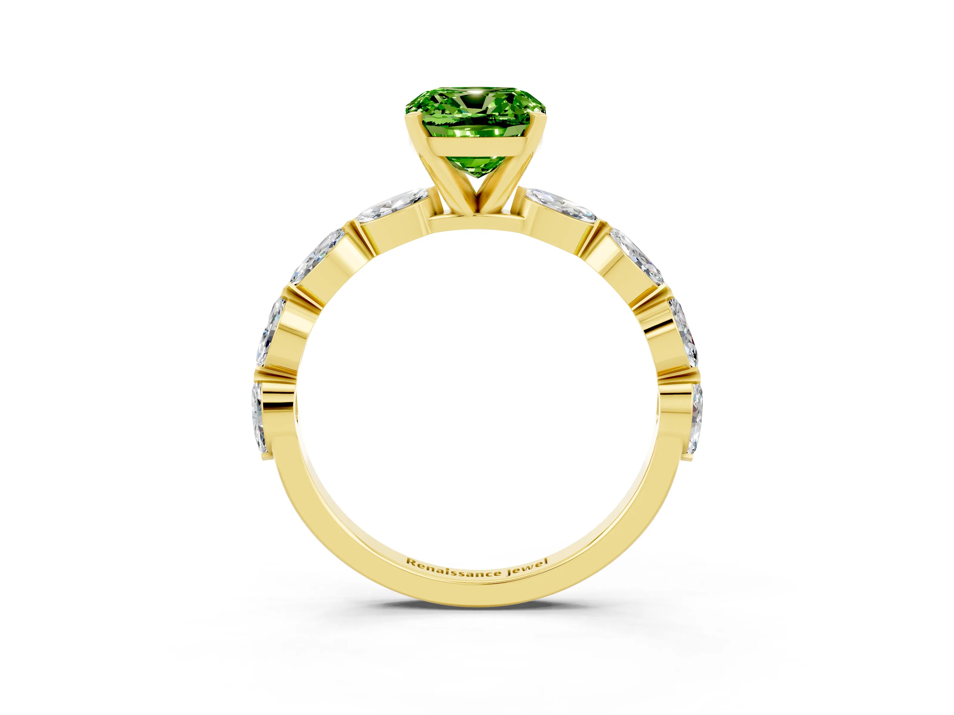 Yellow gold Cushion Cut Peridot Ring with Marquise Side Stones and Prong Setting_3