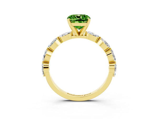 Yellow gold Cushion Cut Peridot Ring with Marquise Side Stones and Prong Setting