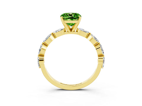 Yellow gold Cushion Cut Peridot Ring with Marquise Side Stones and Prong Setting_3