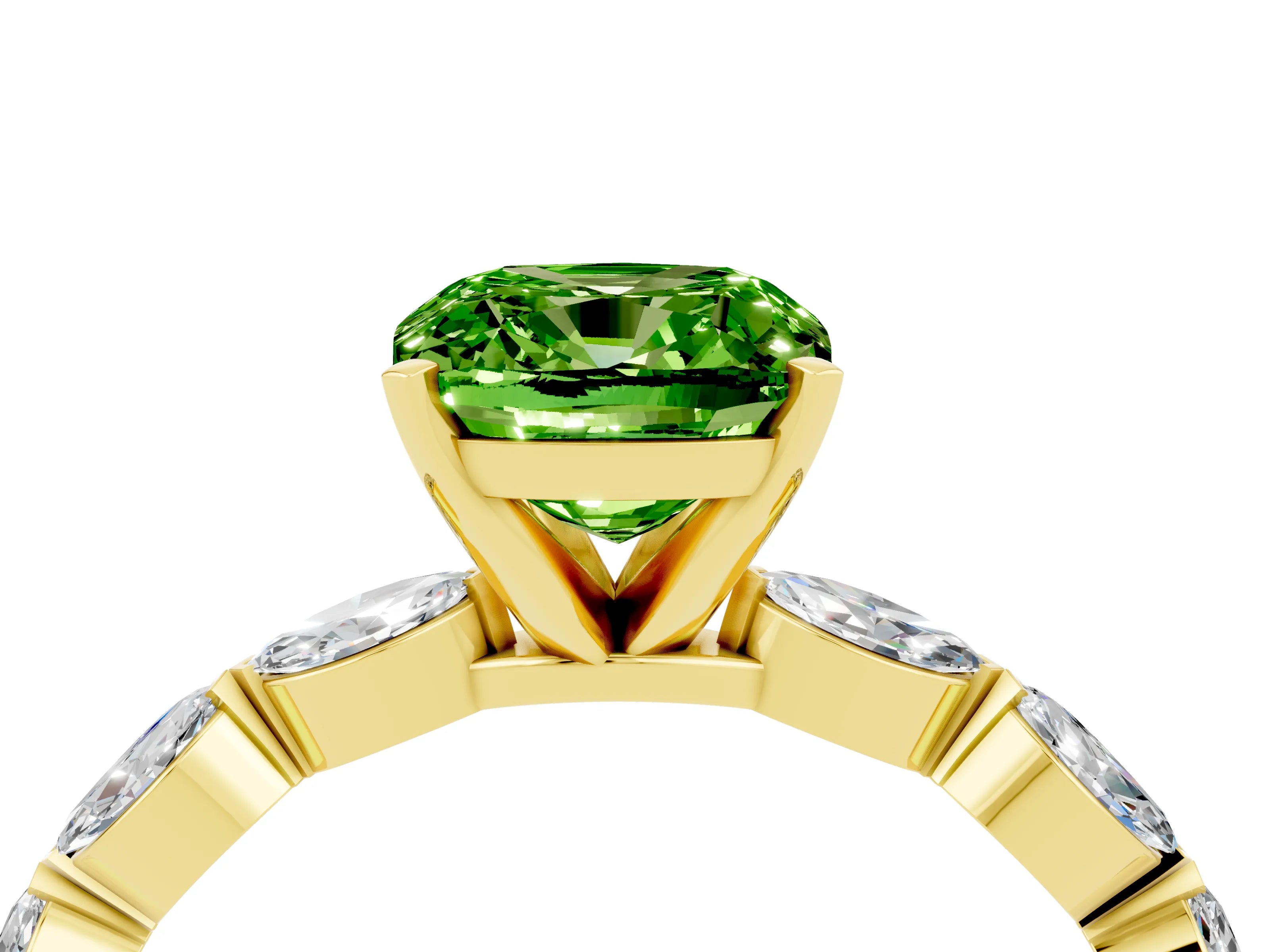 Yellow gold Cushion Cut Peridot Ring with Marquise Side Stones and Prong Setting_4