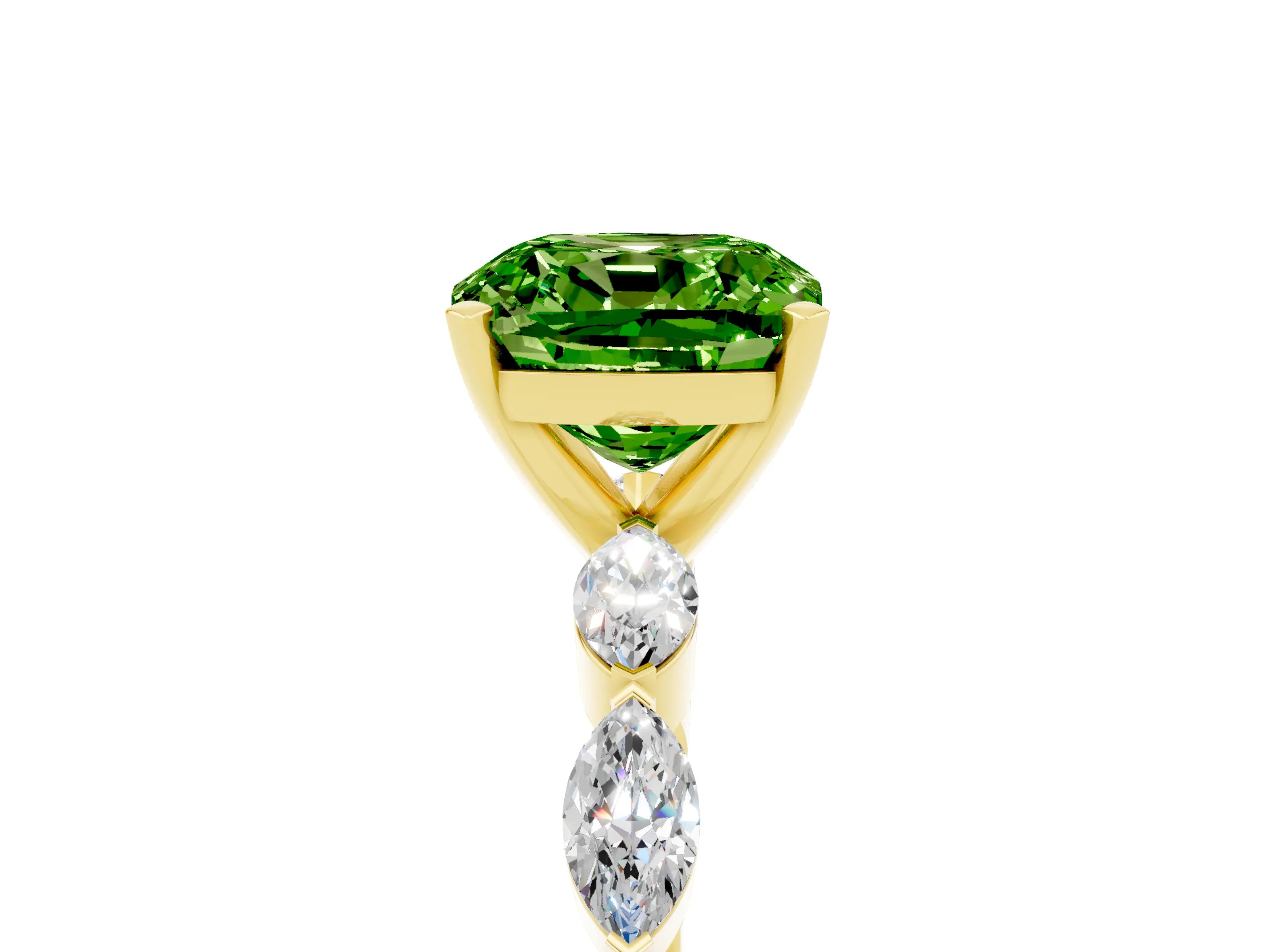 Yellow gold Cushion Cut Peridot Ring with Marquise Side Stones and Prong Setting_5