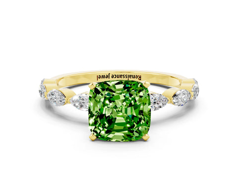 Yellow gold Cushion Cut Peridot Ring with Marquise Side Stones and Prong Setting