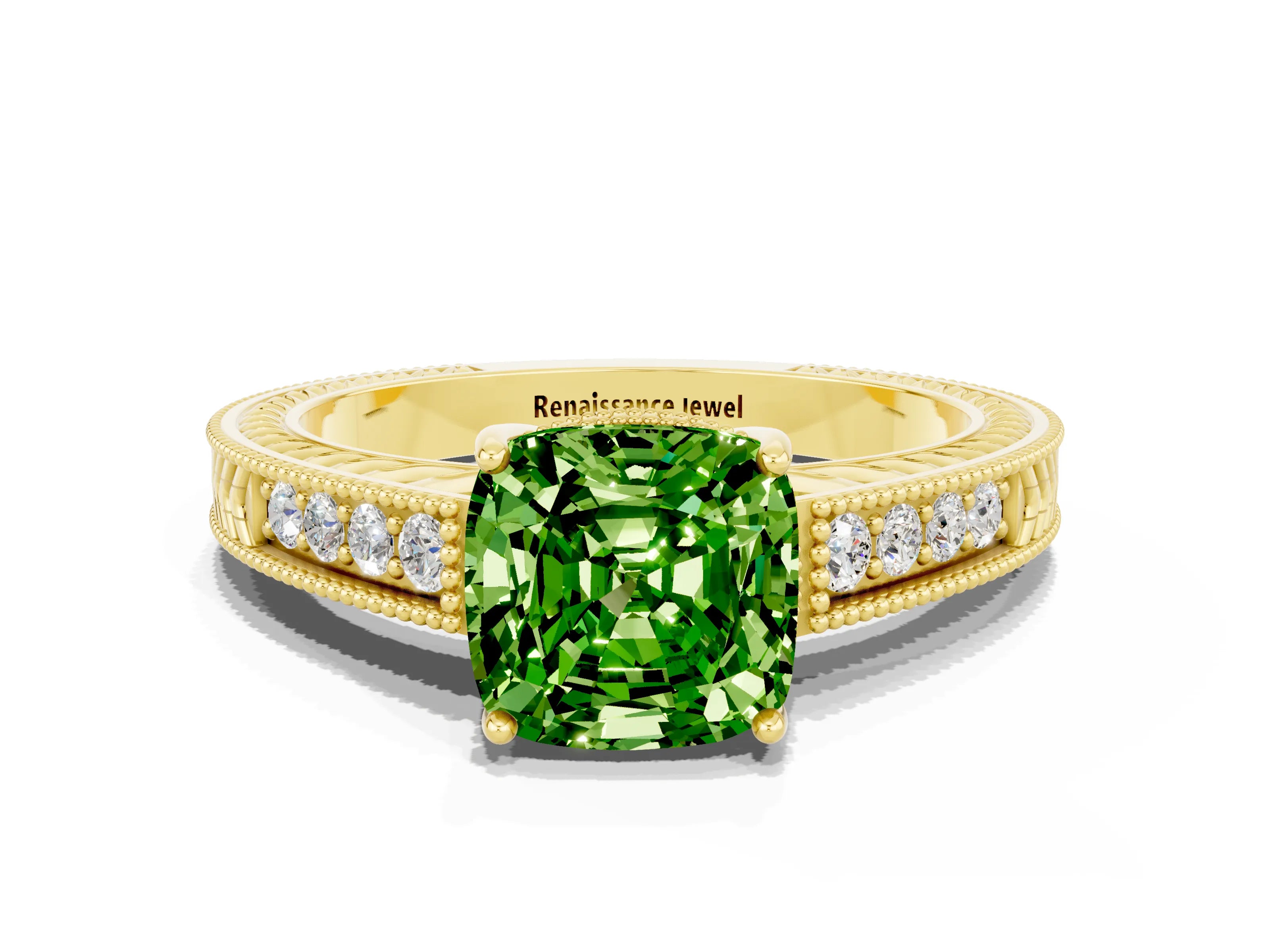 Yellow gold Cushion Cut Peridot Ring with Milgrain Pavé Band and Four-Prong Setting_12
