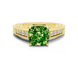 Yellow gold Cushion Cut Peridot Ring with Milgrain Pavé Band and Four-Prong Setting_12