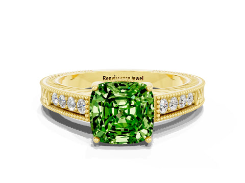 Yellow gold Cushion Cut Peridot Ring with Milgrain Pavé Band and Four-Prong Setting_12