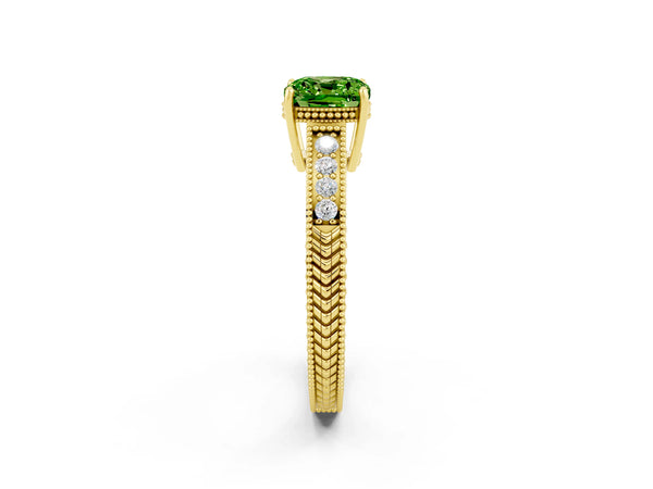 Yellow gold Cushion Cut Peridot Ring with Milgrain Pavé Band and Four-Prong Setting