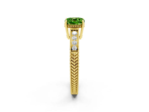 Yellow gold Cushion Cut Peridot Ring with Milgrain Pavé Band and Four-Prong Setting_14