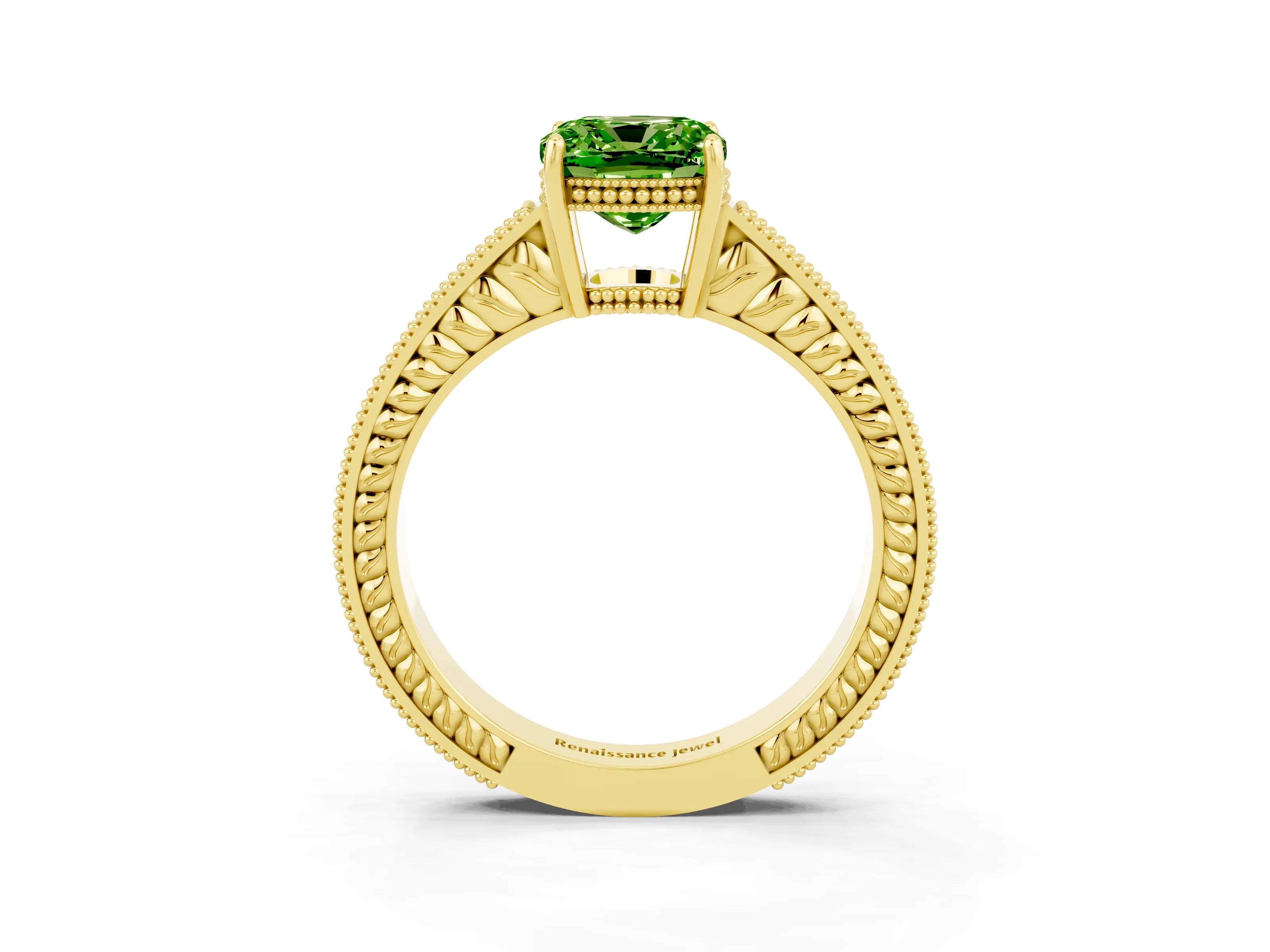 Yellow gold Cushion Cut Peridot Ring with Milgrain Pavé Band and Four-Prong Setting_15