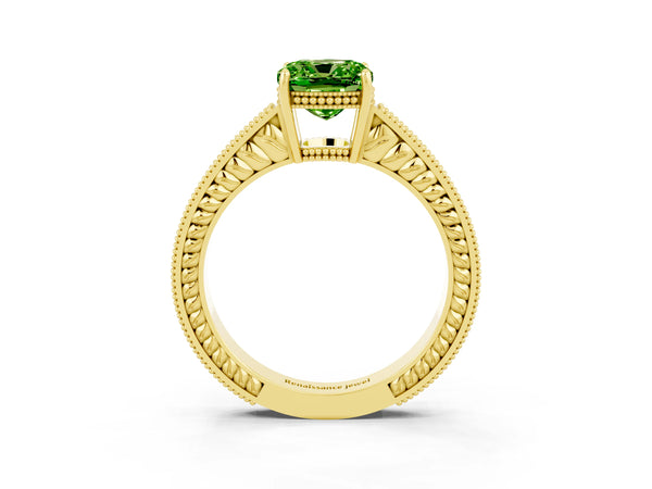 Yellow gold Cushion Cut Peridot Ring with Milgrain Pavé Band and Four-Prong Setting