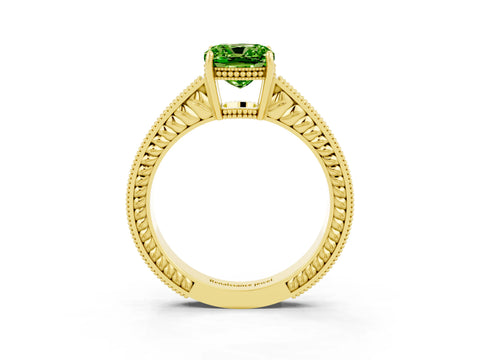 Yellow gold Cushion Cut Peridot Ring with Milgrain Pavé Band and Four-Prong Setting_15