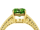 Yellow gold Cushion Cut Peridot Ring with Milgrain Pavé Band and Four-Prong Setting_16