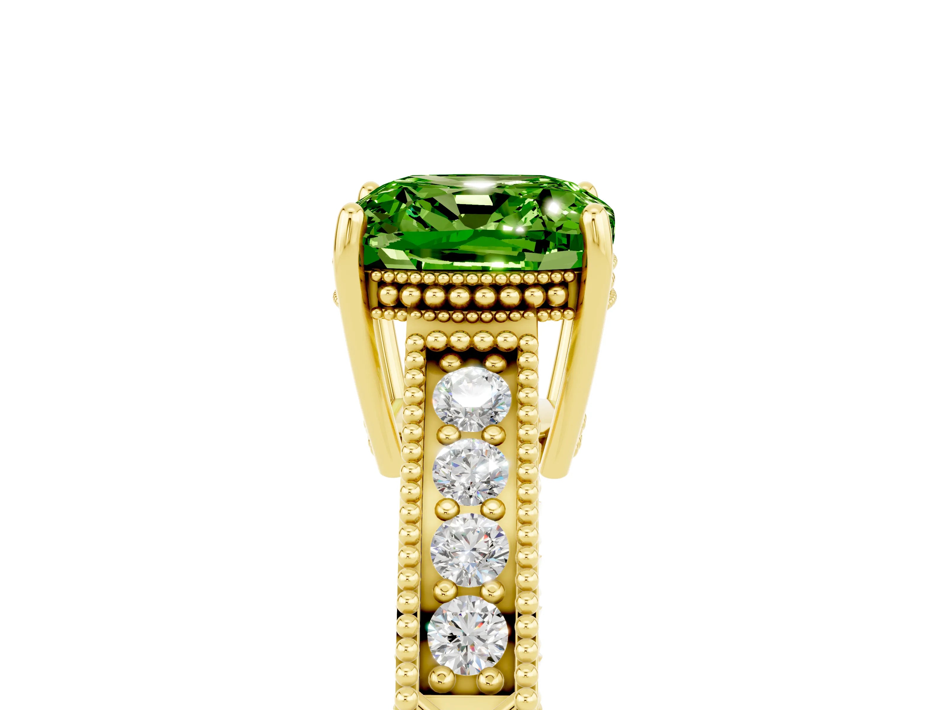 Yellow gold Cushion Cut Peridot Ring with Milgrain Pavé Band and Four-Prong Setting_17