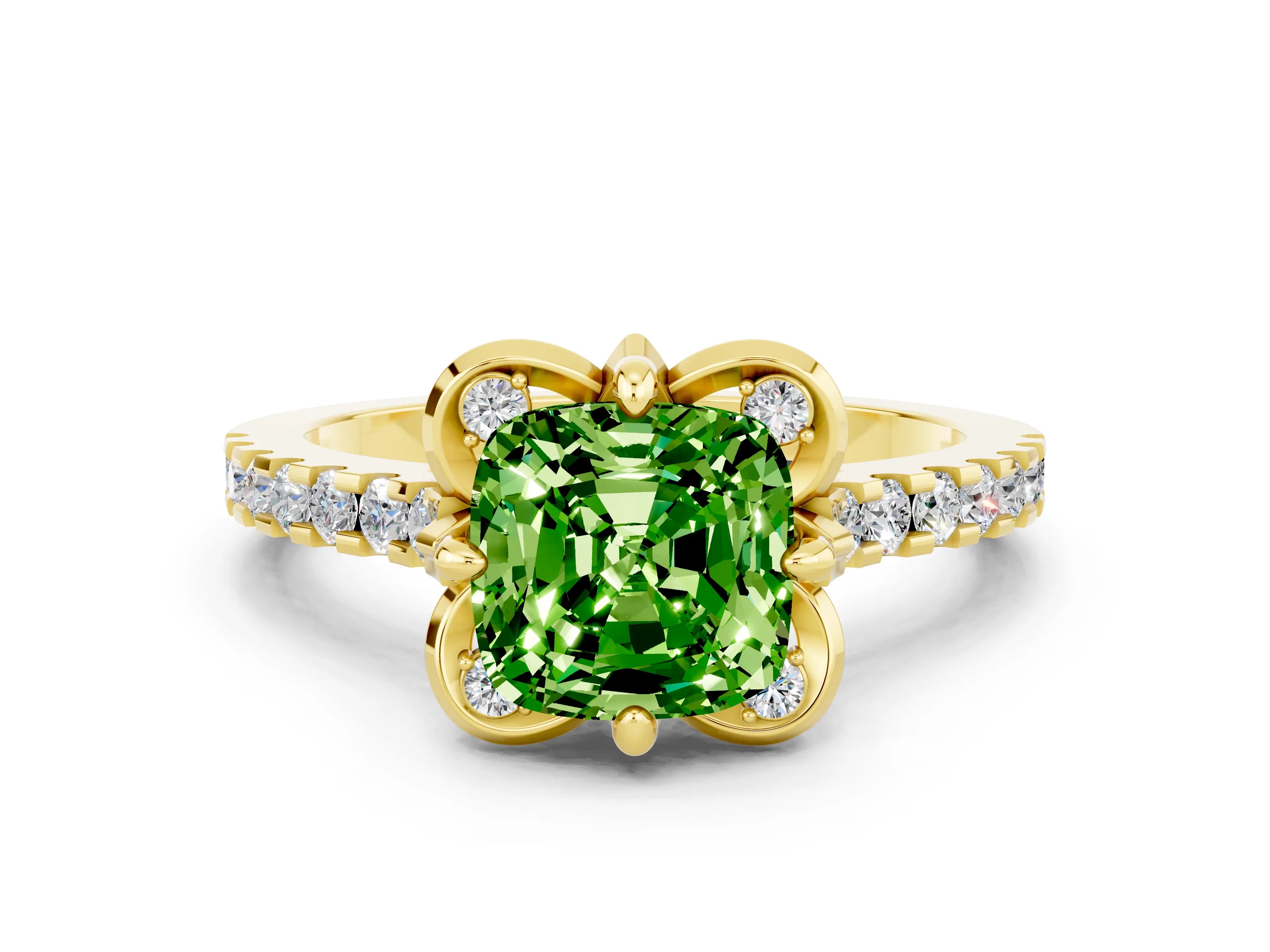 Yellow gold Cushion Cut Peridot Ring with Pavé Band and Floral Prong Setting