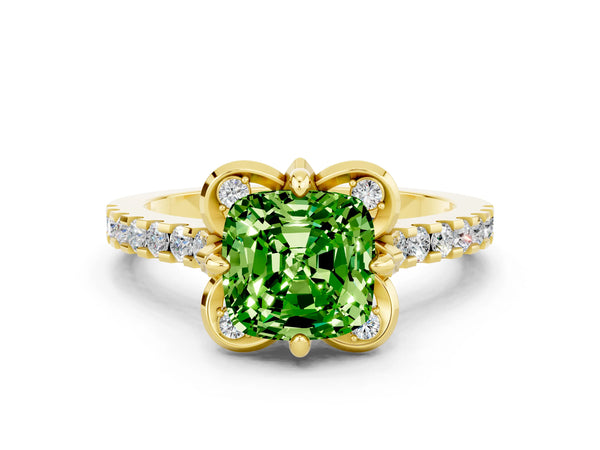 Yellow gold Cushion Cut Peridot Ring with Pavé Band and Floral Prong Setting