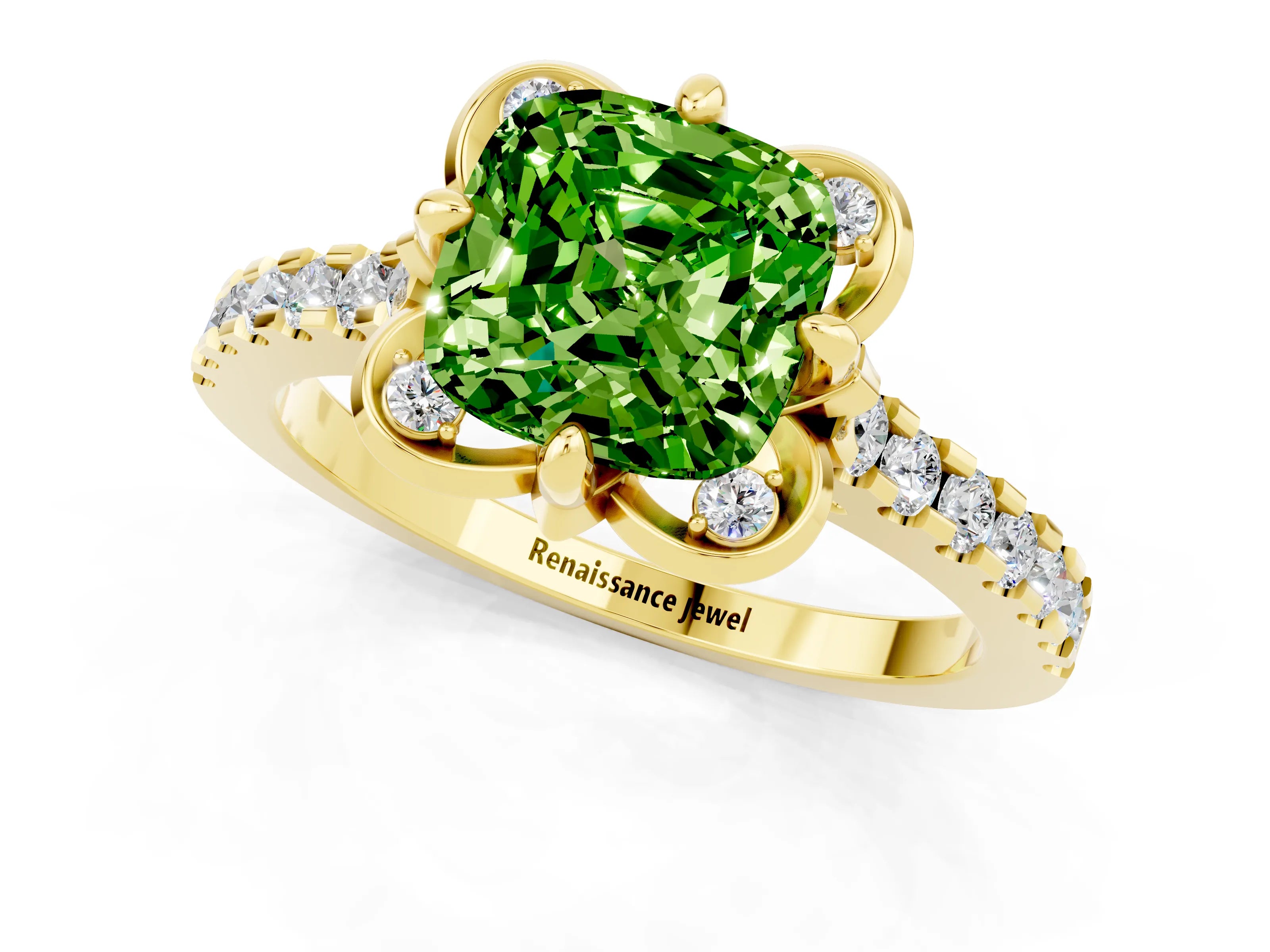 Yellow gold Cushion Cut Peridot Ring with Pavé Band and Floral Prong Setting_1
